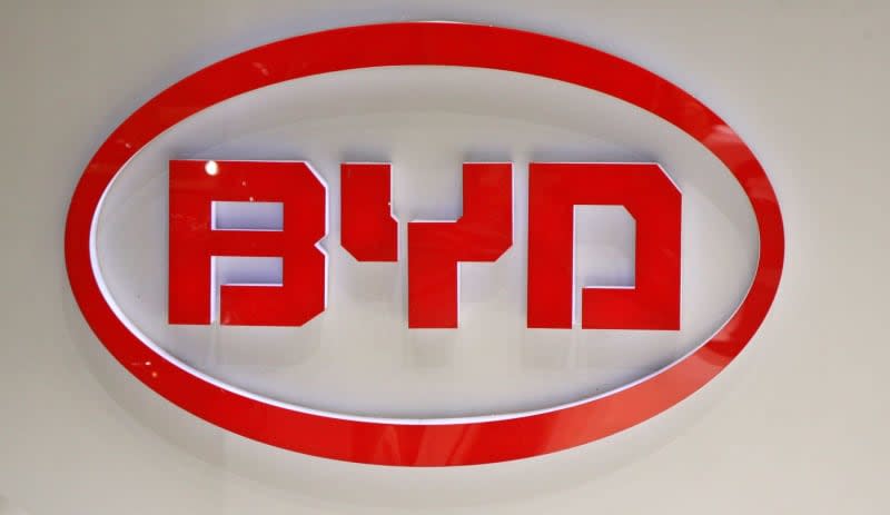 The logo of the Chinese car manufacturer BYD is pictured at the Geneva Motor Show. Uli Deck/dpa