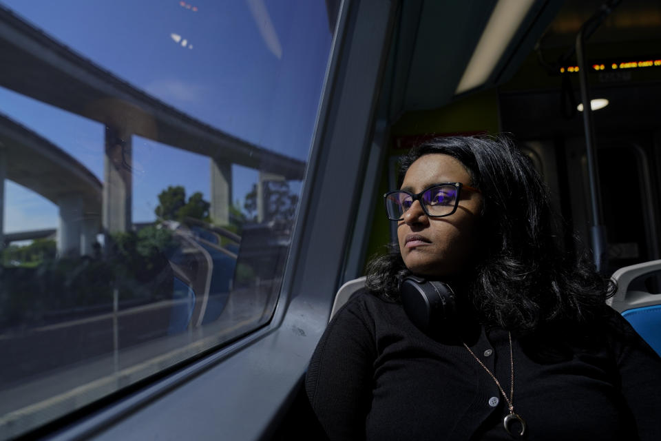 Sadaf Zahoor is photographed inside a Bay Area Rapid Transit train Wednesday, June 7, 2023, in Oakland, Calif. Zahoor has used public transit her whole life and relies on it to get to work. (AP Photo/Godofredo A. Vásquez)