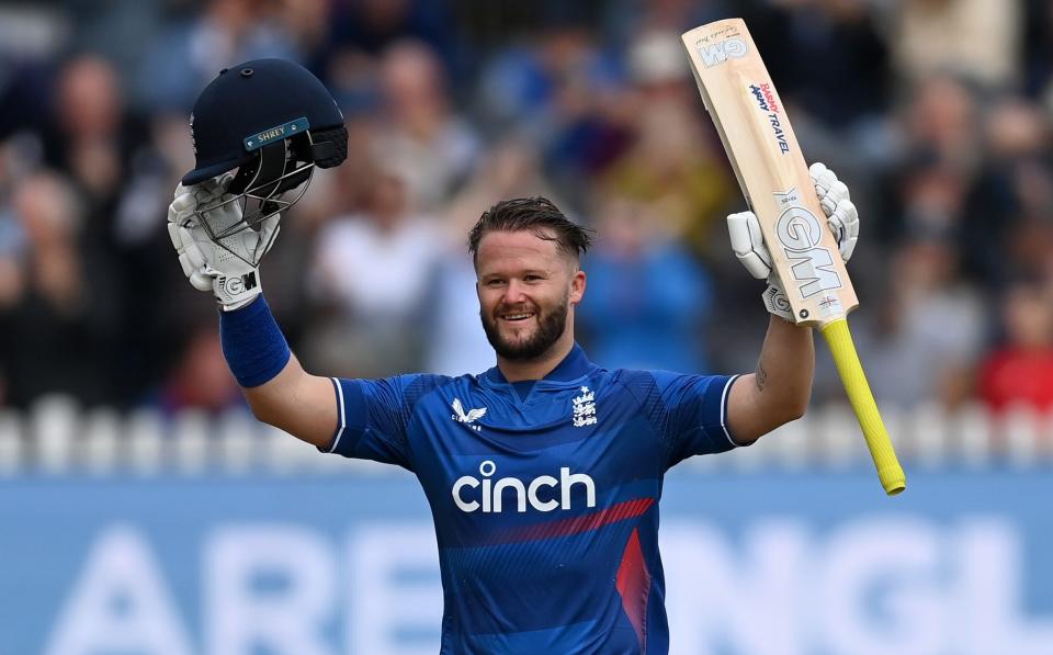 Ben Duckett of England celebrates reaching his century during the 3rd Metro Bank One Day International at Seat Unique Stadium on September 26, 2023 in Bristol, England