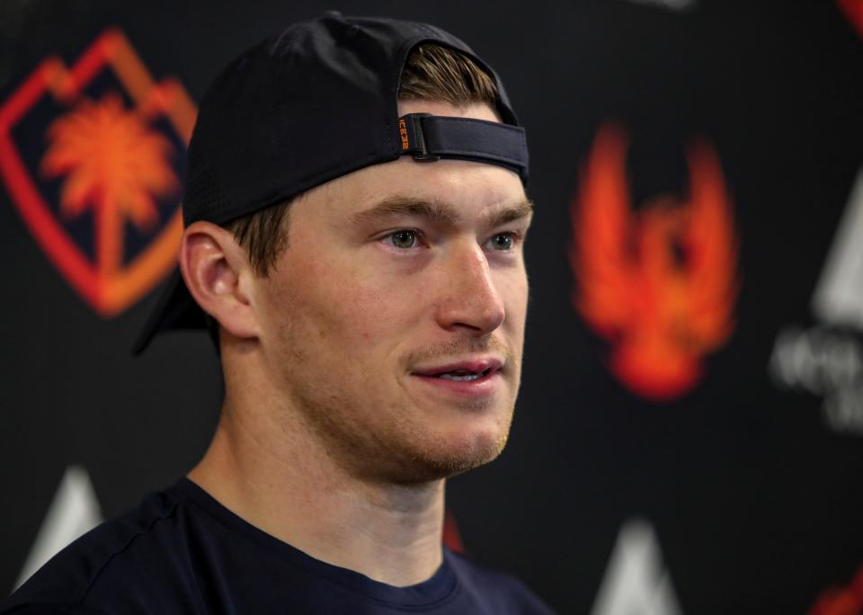 Coachella Valley forward Max McCormick (17) talks to members of the media after their win over Tucson at Acrisure Arena in Palm Desert, Calif., Wednesday, April 19, 2023. 