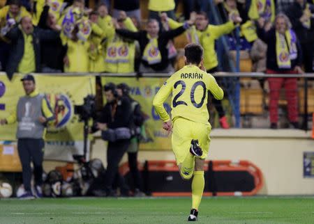 Football Soccer - Villarreal v Liverpool - UEFA Europa League Semi Final First Leg - El Madrigal Stadium, Villarreal, Spain - 28/4/16 Villarreal's Adrian celebrates scoring their first goal Reuters / Heino Kalis Livepic EDITORIAL USE ONLY.