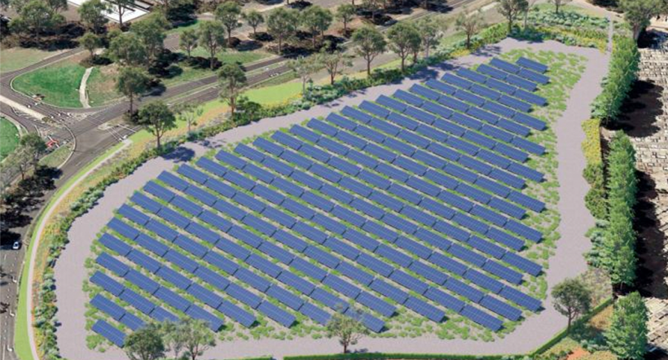 An aerial view of the 3.8 hectare site. The digitally altered image shows the rows of planned solar panels at La Trobe University