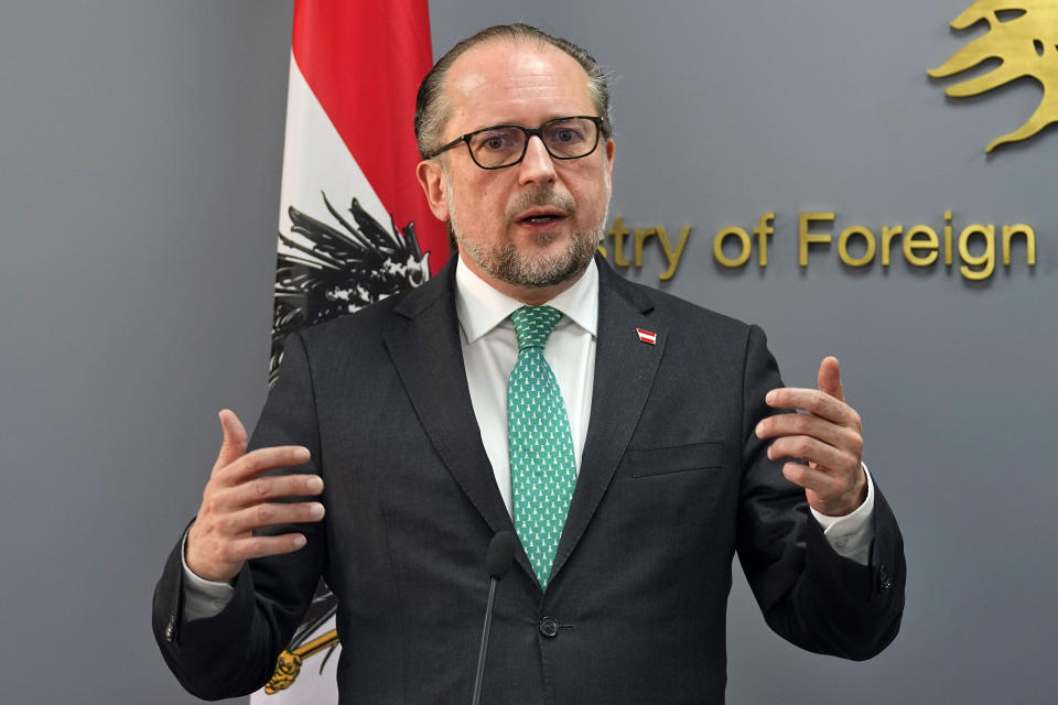 Austrian Foreign Minister Alexander Schallenberg, speaks to journalists during a joint press conference with his Lebanese counterpart Abdallah Bouhabib in Beirut, Lebanon, Thursday, Feb. 29, 2024. Schallenberg urged Israel and Lebanon's militant Hezbollah group not to escalate the conflict along the border saying Thursday that the Middle East has witnessed enough devastation and cruelty. (AP Photo/Bilal Hussein)