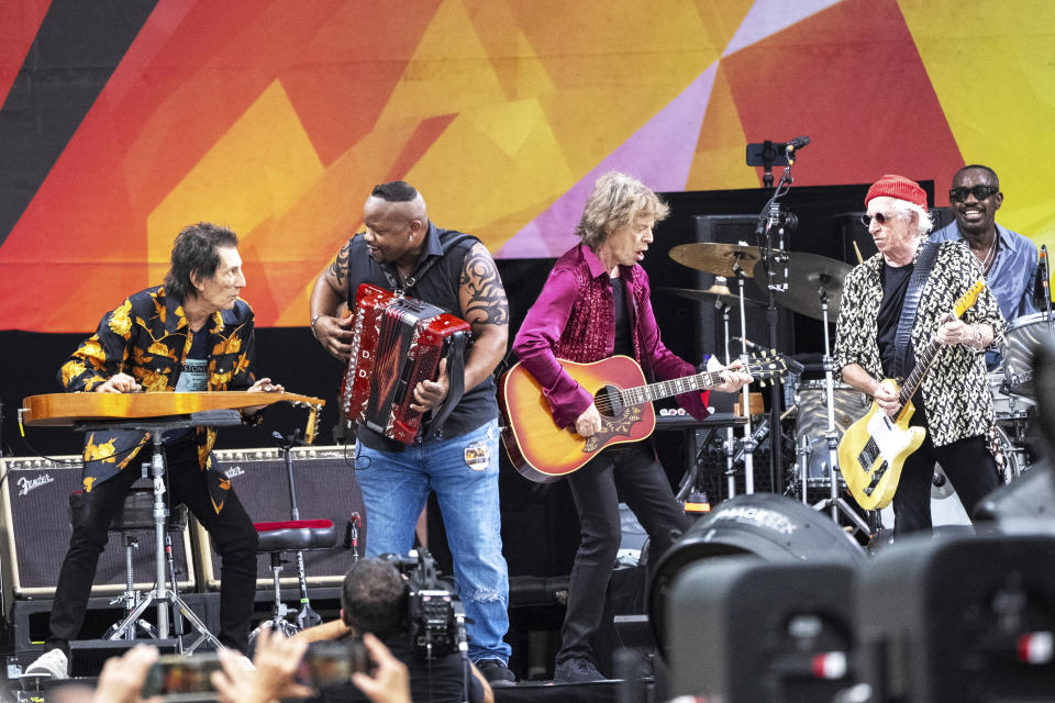 Ron Wood, left, Dwayne Dopsie, Mick Jagger, Keith Richards and Steve Jordan perform with the Rolling Stones during the New Orleans Jazz & Heritage Festival on Thursday, May 2nd, 2024, at the Fair Grounds Race Course in New Orleans. (Photo by Amy Harris/Invision/AP)