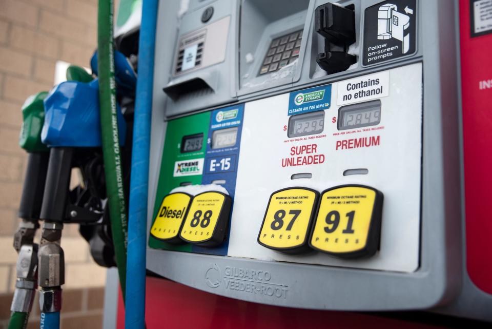 A Kum & Go gas pump is seen on Jan. 26, 2021, in Des Moines. Gov. Kim Reynolds has sought legislation requiring most gas stations to offer E15, which is gasoline blended with 15% ethanol.