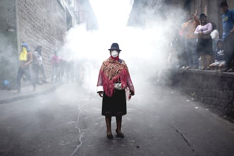 An indigenous woman wears a protective face mask during a protest in the Historic Center neighborhood of Quito, Ecuador - Credit: David Diaz Arcos&nbsp;/Bloomberg