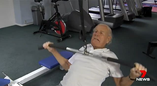 He's 98 and still pumping iron. Source: 7 News