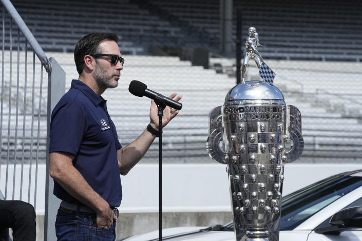 Jimmie Johnson speaks during the drivers meeting for the Indianapolis 500 auto race at Indianapolis Motor Speedway, Saturday, May 28, 2022, in Indianapolis. (AP Photo/Darron Cummings)