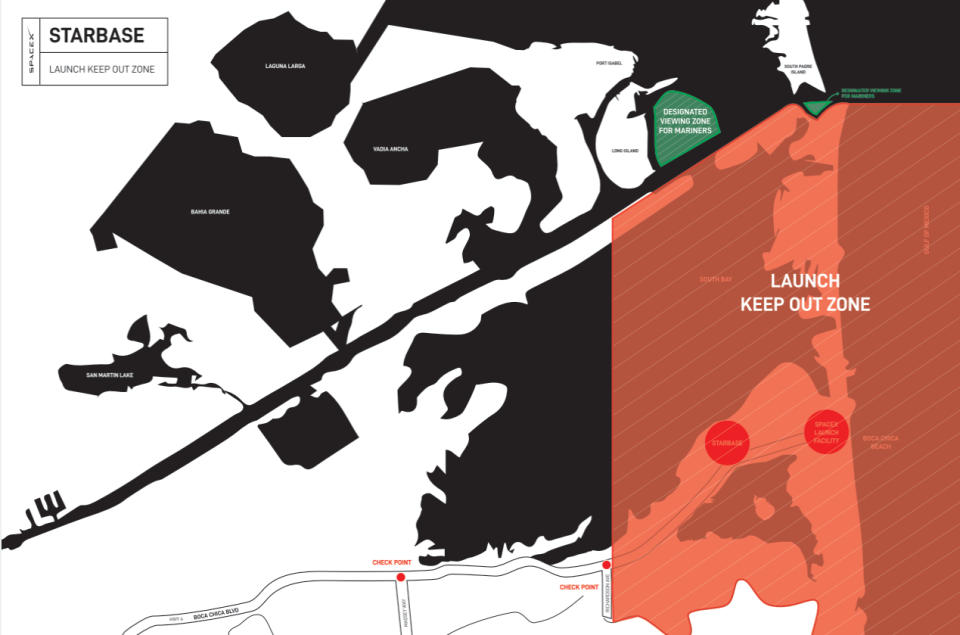 SpaceX map of Starbase facility and launch keep out zones for Starship flight test