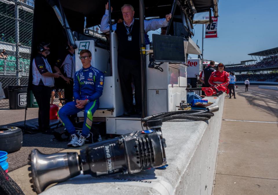 Dale Coyne Racing with Rick Ware Racing driver Sting Ray Robb (51) sits in his pit box Sunday, May 21, 2023, alongside Dale Coyne before the Last Chance Qualifying session at Indianapolis Motor Speedway in preparation for the 107th running of the Indianapolis 500.