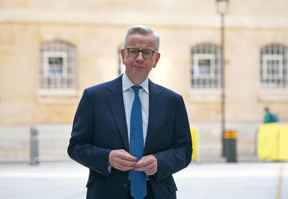 Secretary of State for Levelling Up, Housing and Communities Michael Gove arrives at BBC Broadcasting House in London, to appear on the BBC One current affairs programme, Sunday with Laura Kuenssberg. Picture date: Sunday June 18, 2023. (Photo by Lucy North/PA Images via Getty Images)