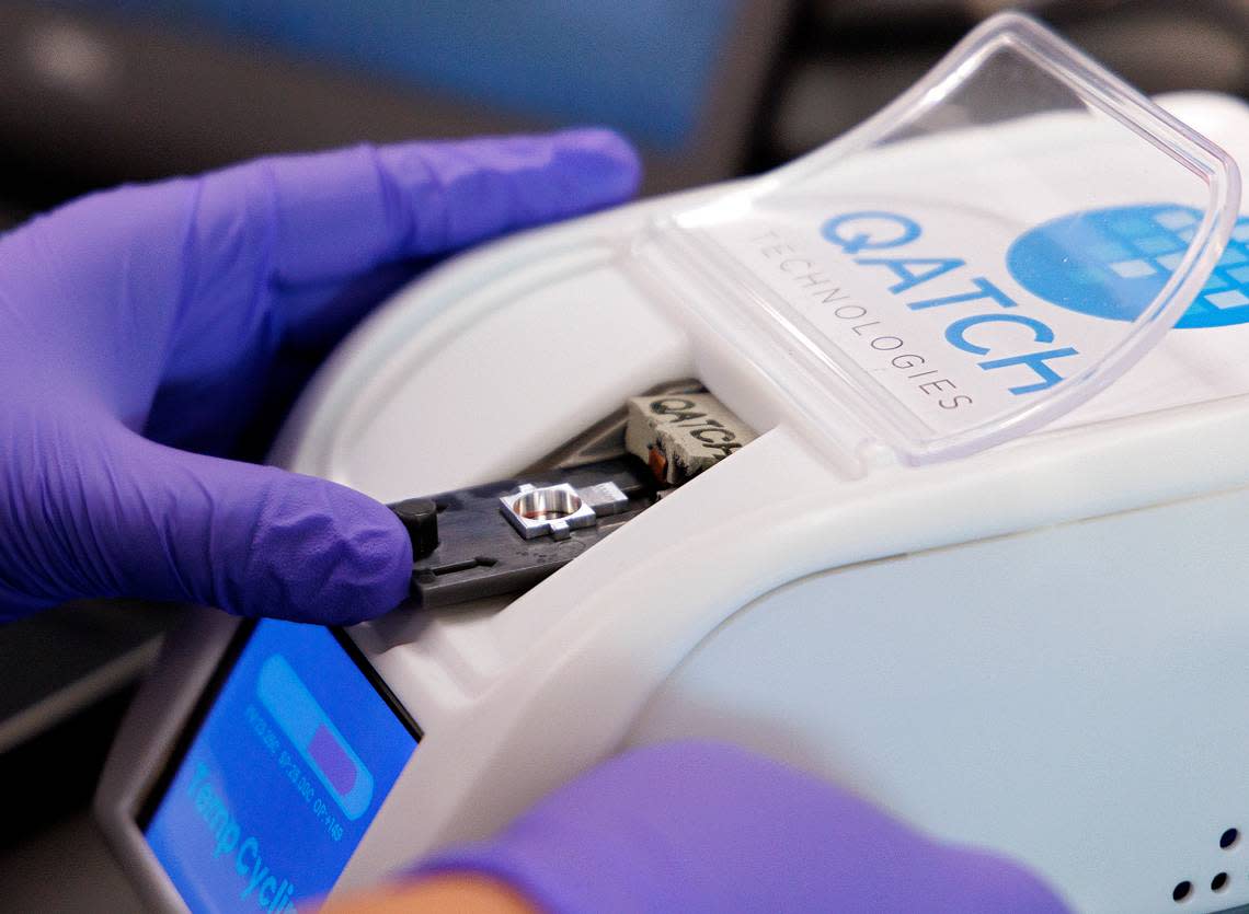 Zehra Parlak, founder of Qatch Technologies, works in the company’s laboratory space to test sensors used to measure the viscosity of drugs on Friday, Dec. 8, 2023, in Durham, N.C.