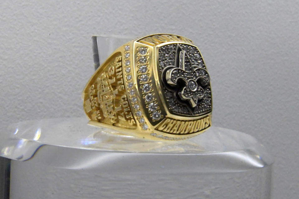 Feb 2, 2019; Atlanta, GA, USA; Detailed view of Super Bowl XLIV ring to commemorate the New Orleans Saints 31-17 victory over the Indianapolis Colts at Sun Life Stadium in Miami, Fla. on Feb 7, 2010. Mandatory Credit: Kirby Lee-USA TODAY Sports