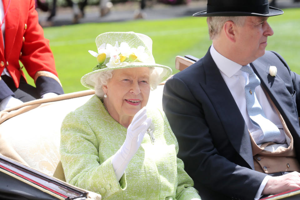  Queen Elizabeth II and Prince Andrew, Duke of Yorkat Royal Ascot at Ascot Racecourse on June 22, 2019.