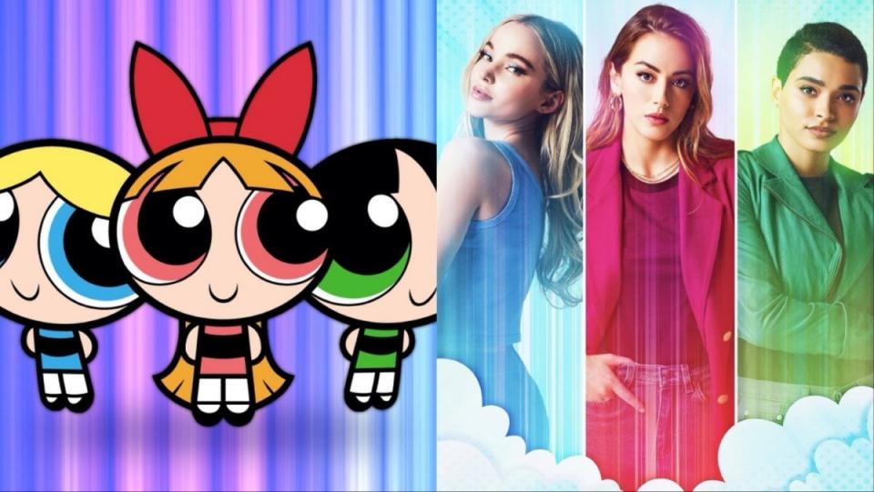 A side-by-side collage of animated Powerpuff Girls with the live-action ones