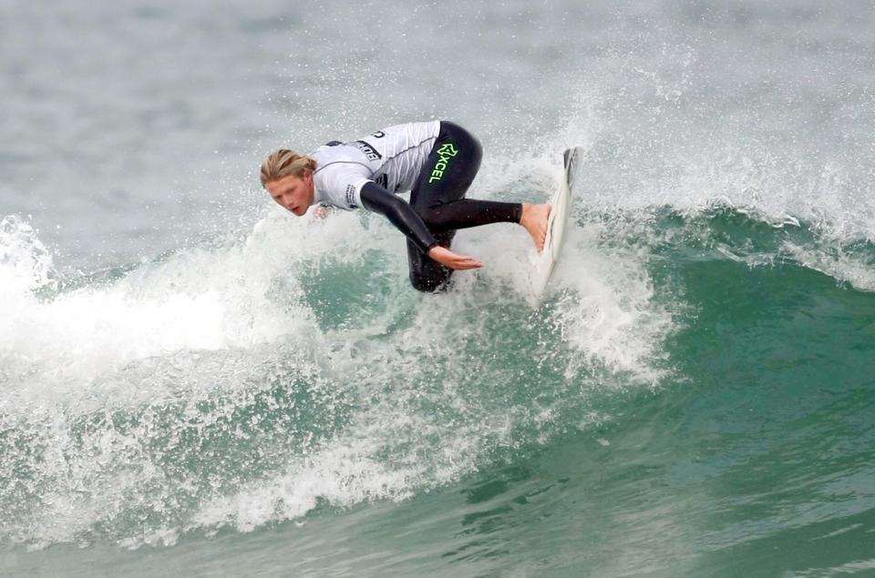 Angelo Bonomelli taking part in the Quarter Finals of the  Mens Open, presented by Carve at  Boardmasters surfing Competition held at Fistral Beach on August 07, 2015 in Newquay, England.PHOTOGRAPH BY Graham Stone / Barcroft Media (Photo credit should read Graham Stone / Barcroft Media via Getty Images)