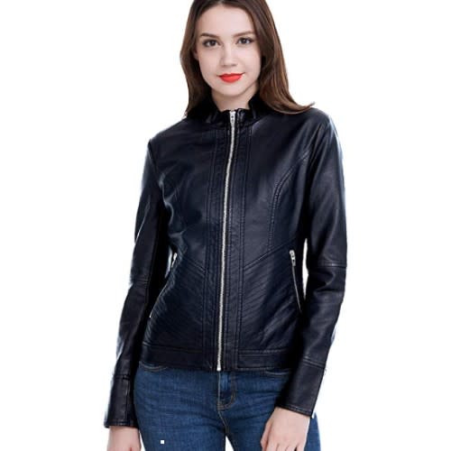 A soft, faux-leather jacket over a feminine top gives you that pretty-and-protected feel that adds up to confidence.(Photo: Amazon)