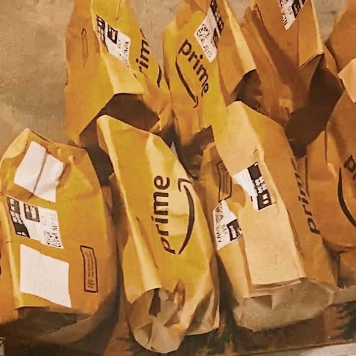 Amazon grocery bags at doorstep