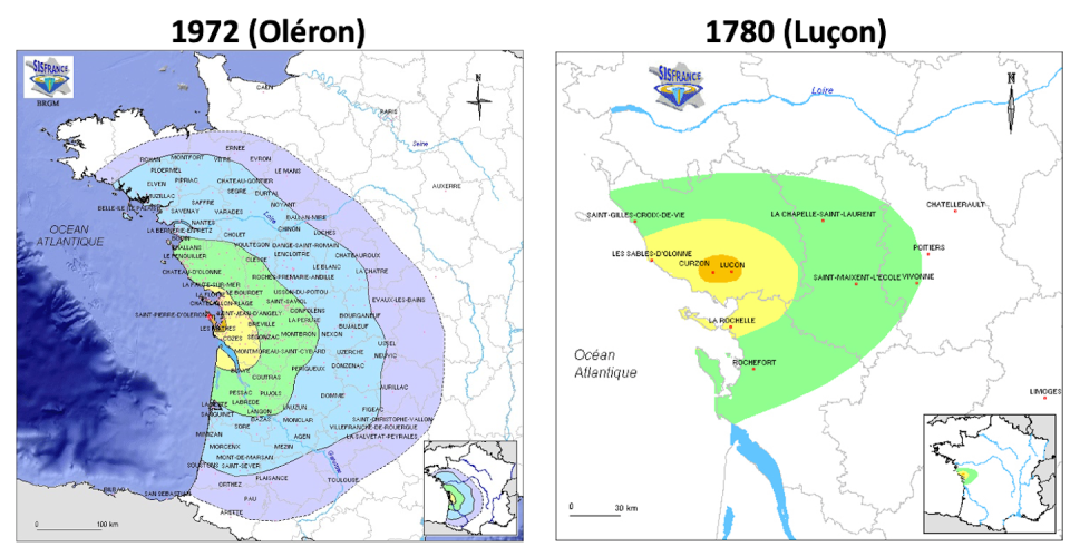 Les intensités recensées pour les séismes d’Oléron de 1972 et de Luçon de 1780 dans la base de données de sismicité historique Sisfrance (BRGM/EDF/IRSN). L’échelle compte 12 niveaux, le violet représente la fourchette 2-3 ; le rouge la fourchette 7-8. Le séisme de juin 2023 est pour l’instant évalué au niveau 6. base de données SisFrance, Fourni par l'auteur