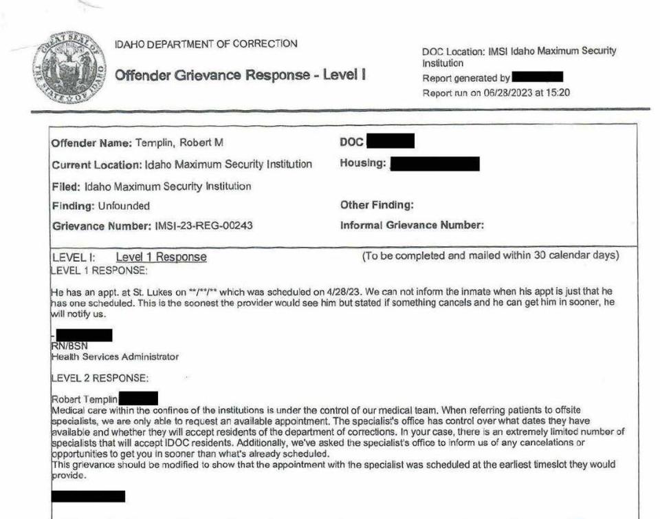 An Offender Grievance Response form that was sent to Bobby Templin in late June informing him he has an appointment to see an orthopedic surgeon.