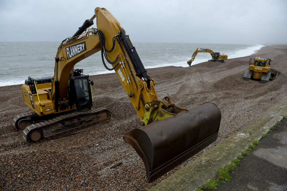 PORTLAND, UNITED KINGDOM - JANUARY 13: Environment Agency and Dorset Council continue repair work from the previous storm at Chesil Beach as Storm Brendan heads in on January 13, 2020 in Portland, United Kingdom. (Photo by Finnbarr Webster/Getty Images)