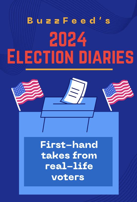 BuzzFeed's 2024 Election Diaries flyer with a ballot box and American flags, highlighting voter experiences