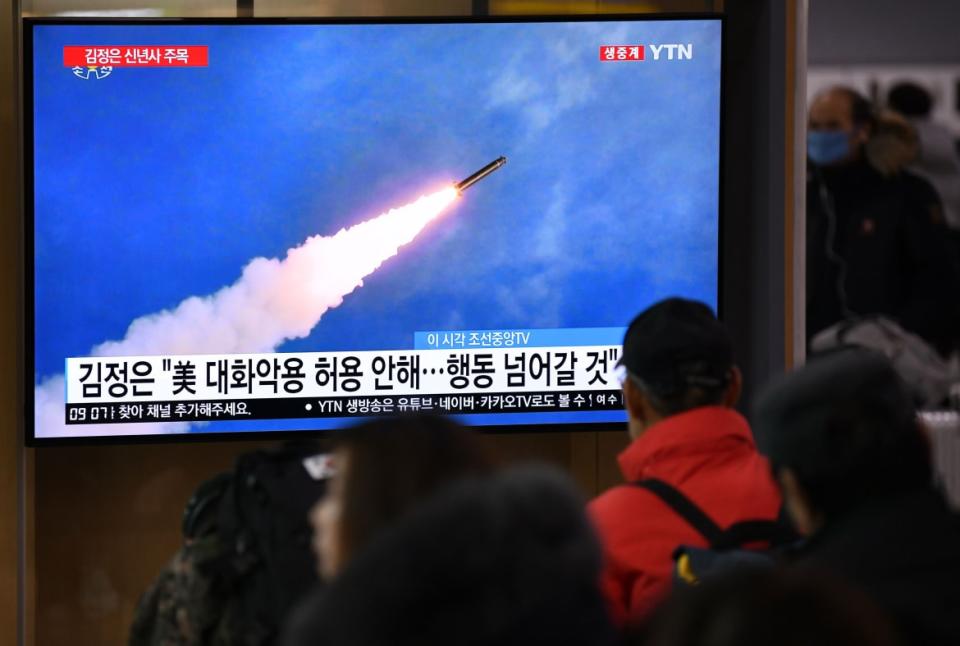 <div class="inline-image__caption"><p>People watch a television news program showing file footage of North Korea's missile test, at a railway station in Seoul on January 1, 2020.</p></div> <div class="inline-image__credit">JUNG YEON-JE/Getty</div>