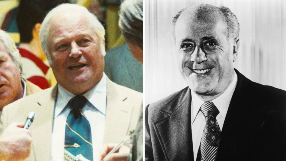Michael Chiklis as Red Auerbach, and the real Red Auerbach (Photo credit: HBO, Getty Images)