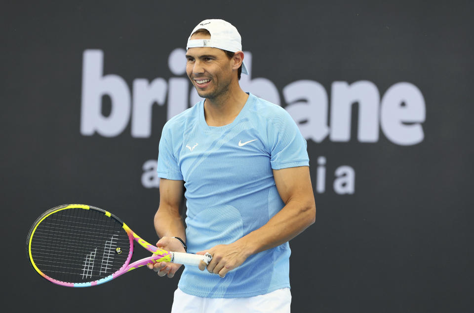 Rafael Nadal of Spain attends a training session ahead of the Brisbane International tennis tournament in Brisbane, Australia, Thursday, Dec. 28, 2023. (AP Photo/Tertius Pickard)