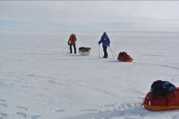 Dale and Keith, a Polar Explorers guide, skiing at the polar ice cap.