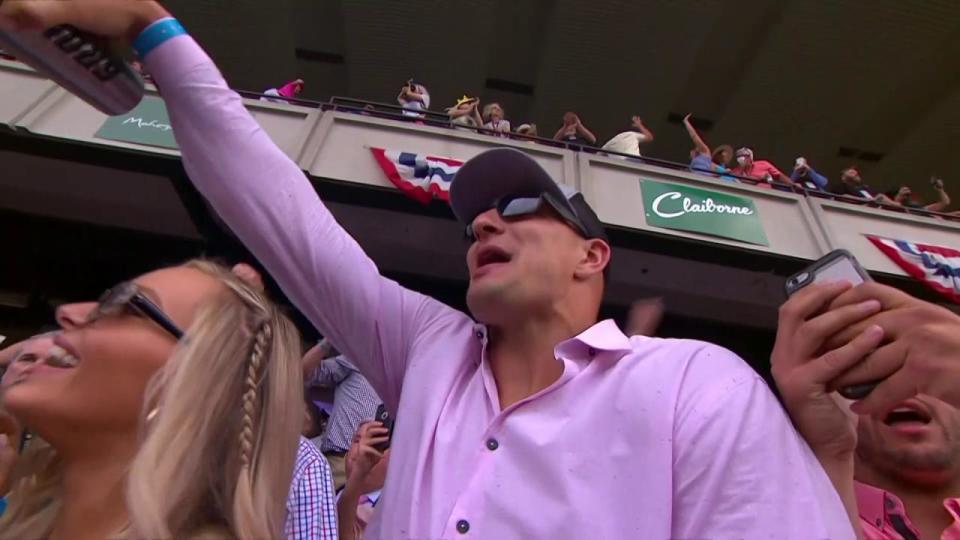 Patriots tight end Rob Grokowski got a thrill watching Gronkowski the horse rally from last to challenge Justify at Saturday’s Belmont Stakes. (NBC)