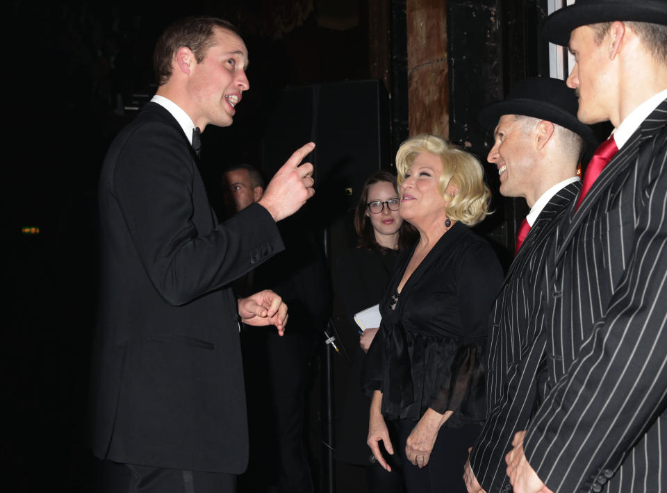 The Duke of Cambridge meets Bette Midler at the end of the Royal Variety Performance in support of the Entertainment Artistes' Benevolent Fund, at the Palladium Theatre in London.