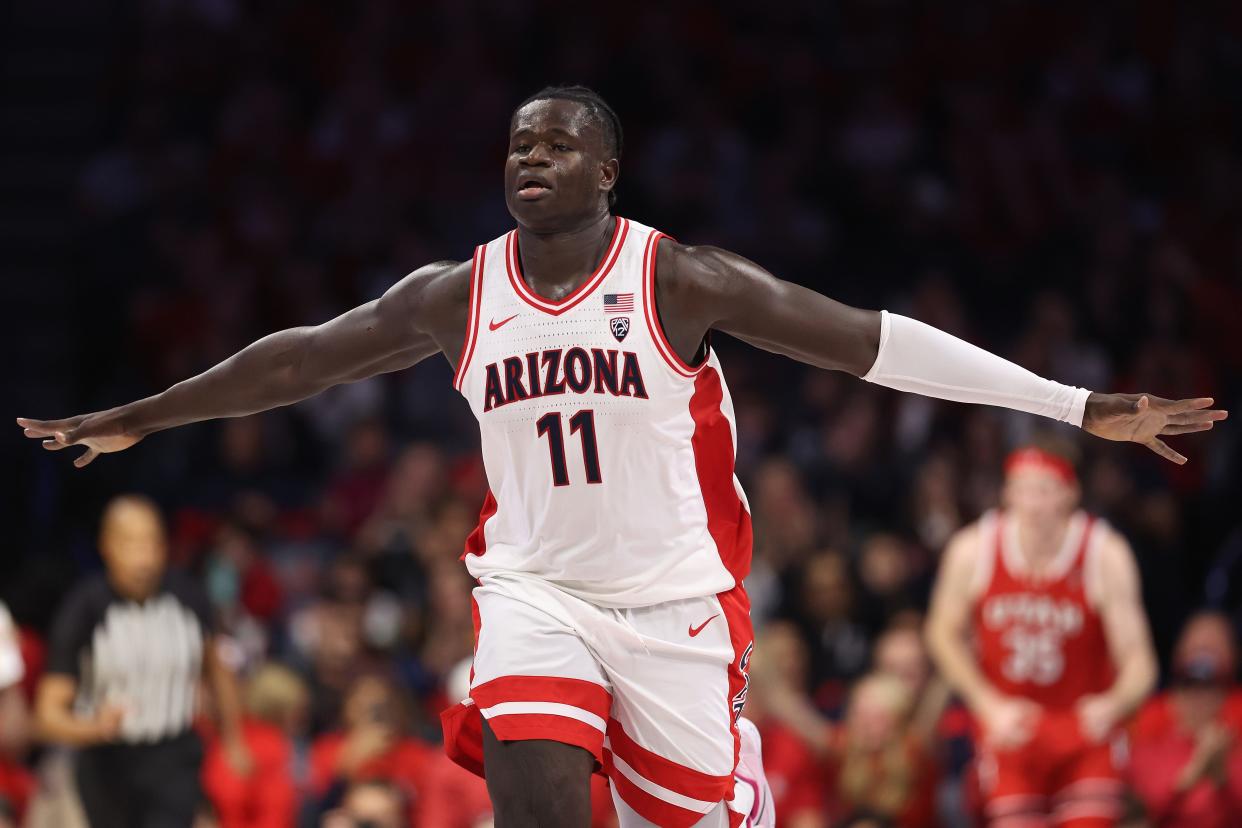 TUCSON, ARIZONA - JANUARY 06: Oumar Ballo #11 of the Arizona Wildcats reacts after scoring his 1,000 career point during the second half of the NCAAB game against the Utah Utes at McKale Center on January 06, 2024 in Tucson, Arizona. The Wildcats defeated the Utes 92-73.