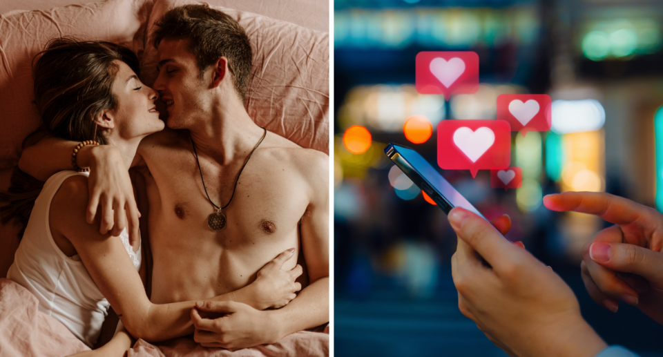 A man and woman lie in bed together (left) and a hand holds up a phone (right).