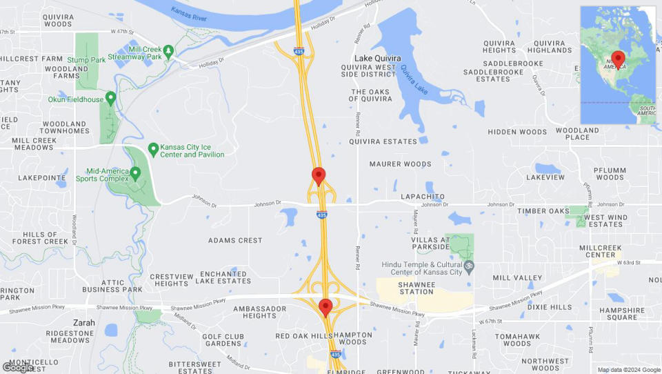 A detailed map that shows the affected road due to 'Heavy rain prompts traffic advisory on southbound I-435 in Shawnee' on May 6th at 11:05 p.m.