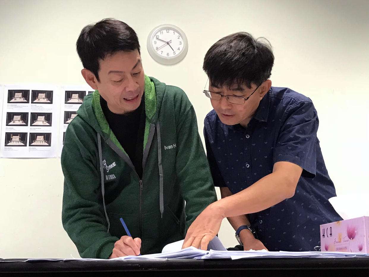 Festival Artistic Director Ivan Heng (left) in discussion with former journalist and <em>Press Gang</em> playwright Tan Tarn How. (PHOTO: W!ld Rice)