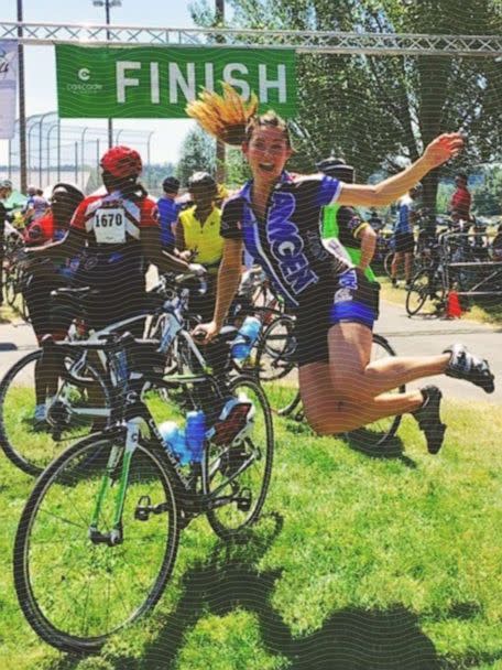 Cari Swanger after completing her first 100-mile ride. (ABC New Photo Illustration // Courtesy of Cari Swanger)