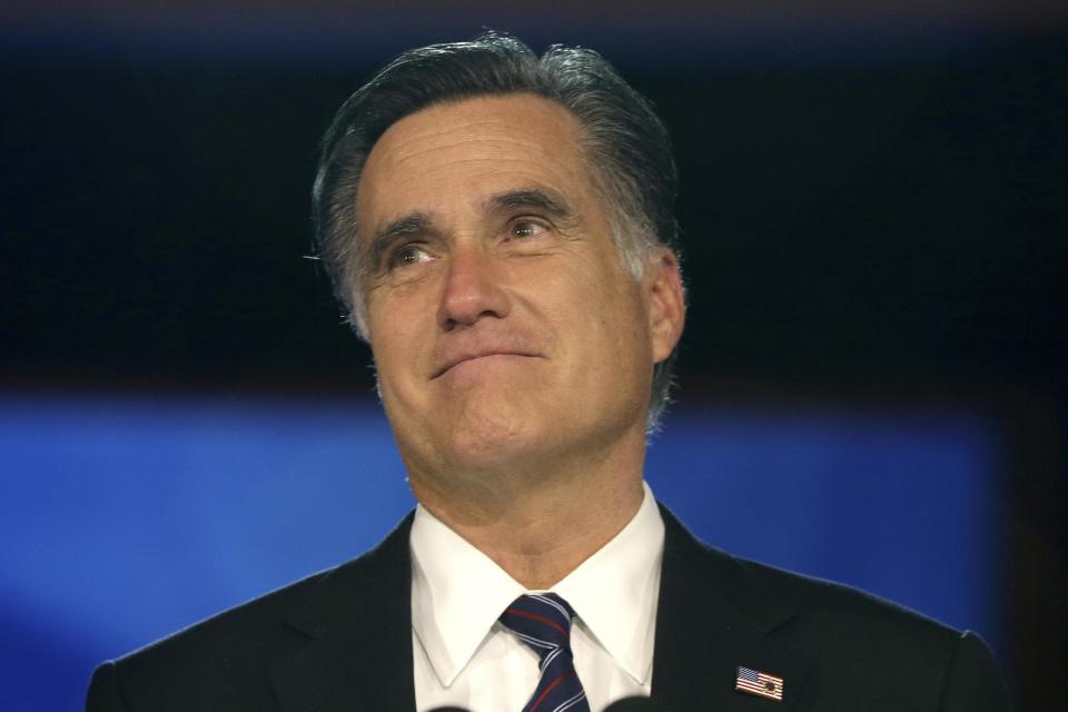 Republican presidential candidate and former Massachusetts Gov. Mitt Romney delivers his concession speech at his election night rally in Boston, Wednesday, Nov. 7, 2012. (AP Photo/Charles Dharapak)