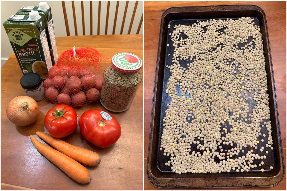 Ingredients for lentil soup (left) including tomatoes, potatoes, carrots, lentils, an onion, and veggie broth. Lentils spread out on a pan (right) to check for stones.