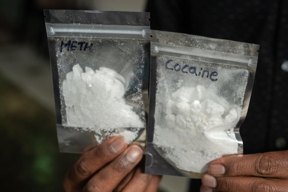 Bags of tested meth and cocaine for sale at DULF headquarters in Vancouver on Thursday, September 28, 2023. (Maggie MacPherson/CBC)