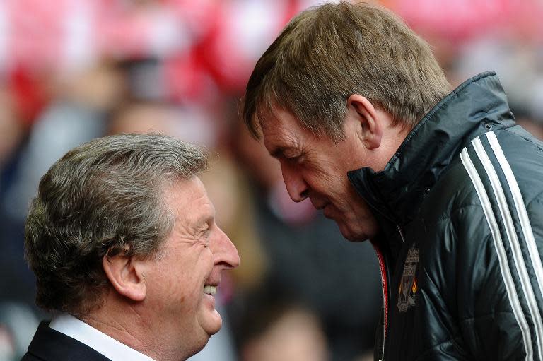 Roy Hodgson (left) with Kenny Dalglish at Anfield on April 22, 2012 when Hodgson was West Bromwich Albion manager and Dalglish was in charge at Liverpool