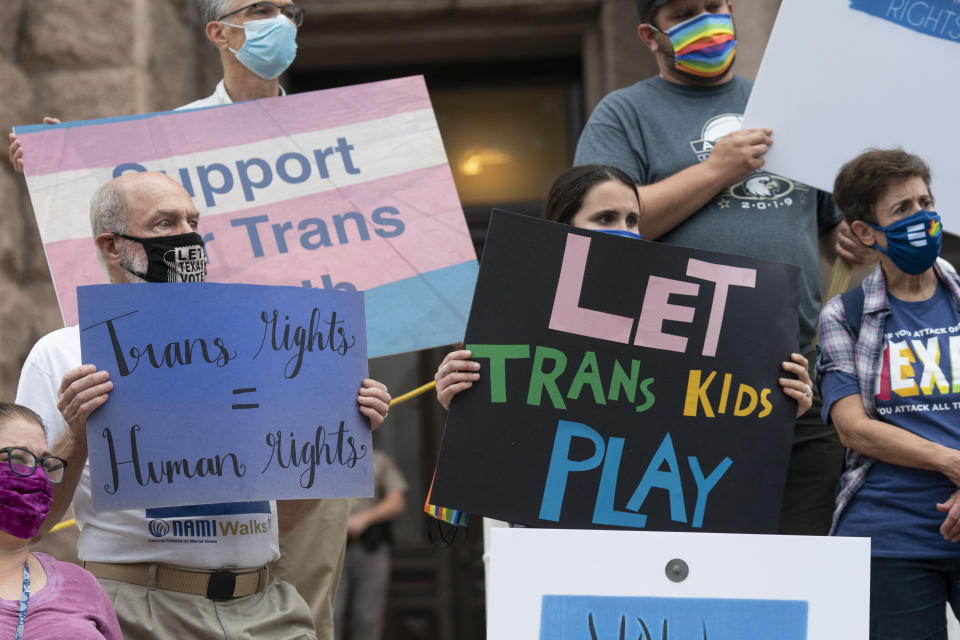 Transgender youth, parents and several Democratic lawmakers rally at the south steps of the Texas Capitol to criticize several anti-transgender bills. (Bob Daemmrich/ZUMA Wire)