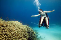 Der Unterwasser-Rollstuhl ist mit einer Art durchsichtiger Flossen aus Hartplastik und zwei Propeller-Antrieben ausgestattet, die man mit dem Fuß steuern kann.