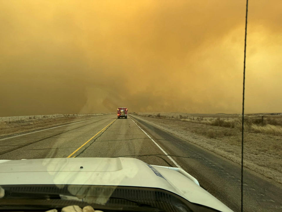 Wildland Team members depart to operate amid the spread of fire in this picture obtained by Reuters on February 27, 2024. Flower Mound Texas Fire Department/via REUTERS THIS IMAGE HAS BEEN SUPPLIED BY A THIRD PARTY. MANDATORY CREDIT. NO RESALES. NO ARCHIVES.