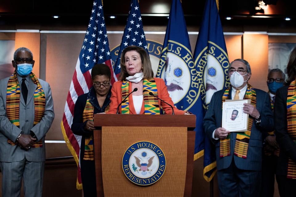 Speaker of the House Nancy Pelosi (D-CA) speaks during a press conference on Capitol Hill to announce police reform legislation in the wake of protests sparked by the death of George Floyd while in police custody June 8, 2020, in Washington, DC. (Brendan Smialowski/AFP via Getty Images)