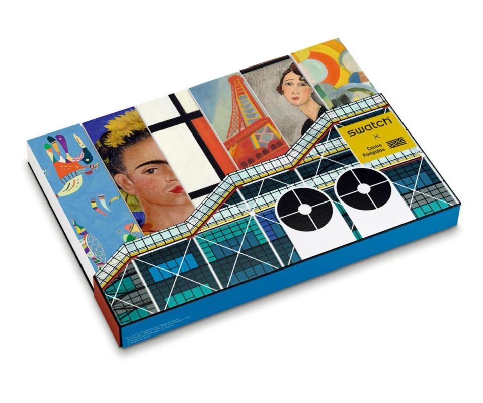 Swatch X Centre Pompidou系列禮盒，能一次收齊六款作品，外包裝並以龐畢度藝術中心作特殊設計。