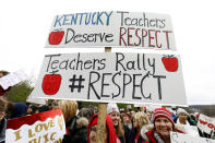 <p>Thousands of public school teachers and their supporters protest against a pension reform bill at the Kentucky State Capitol April 2, 2018 in Frankfort, Ky., April 2, 2018. (Photo: Bill Pugliano/Getty Images) </p>