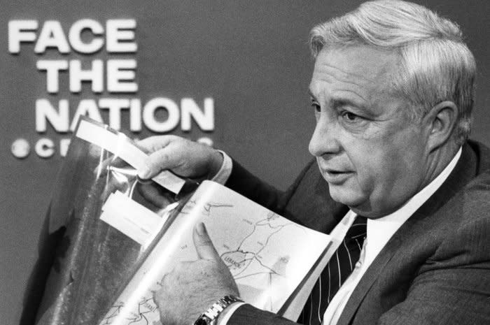 Israeli Defense Minister Ariel Sharon displays a map of Israel and Lebanon as he appears on the CBS television show "Face the Nation" in Washington on August 29, 1982. Sharon said the Palestine Liberation Organization was very heavily damaged and he believes the new government of Lebanon will sign a peace treaty with Israel. File Photo by Mal Langsdon/UPI