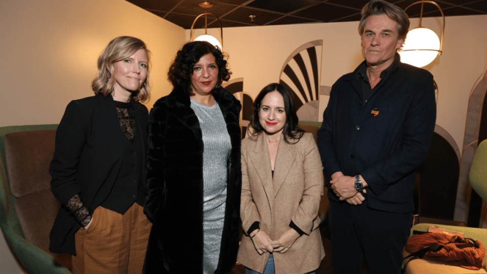 (from left) Producer Michelle Mizner ("20 Days in Mariupol"), director Kaouther Ben Hania ("Four Daughters"), and Maite Alberdi ("The Eternal Memory"), and director Christopher Sharp ("Bobi Wine: The People's President")
