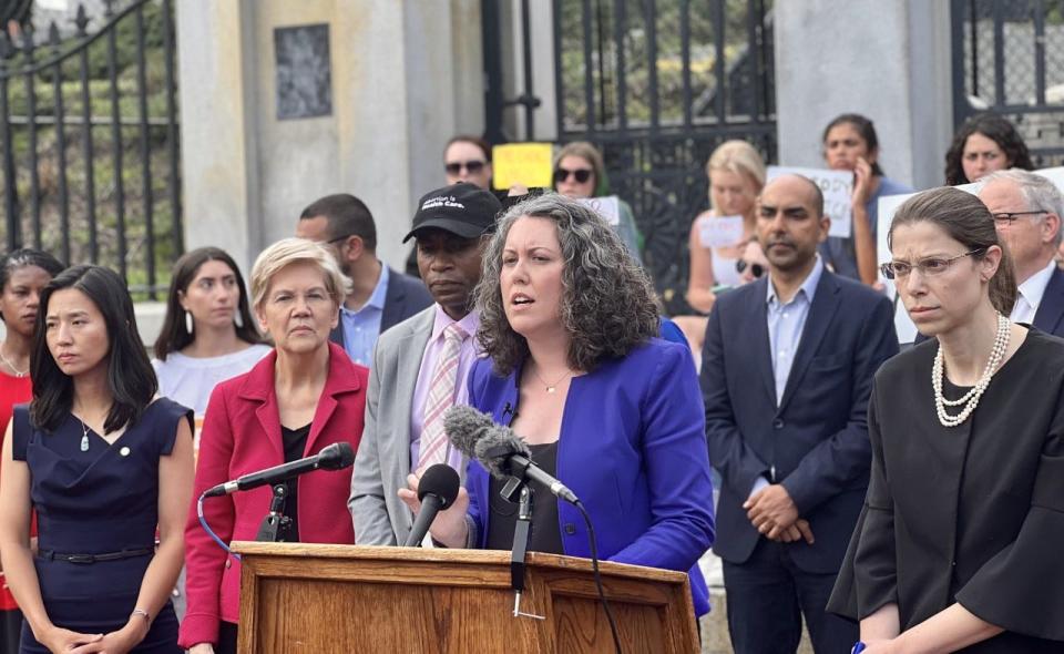 Rebecca Hart Holder, executive director of Reproductive Equity Now, speaks at a press conference held in front of the Massachusetts State House following the U.S. Supreme Court's overturn of Roe v. Wade.